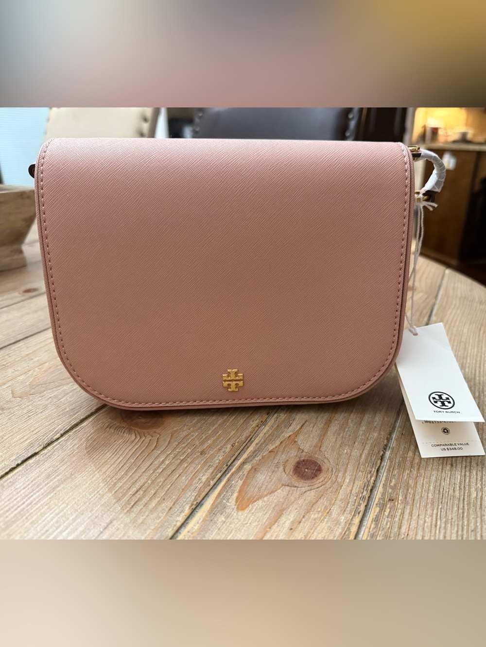 Tory Burch Rose Pink Saffiano Crossbody with Gold Logo